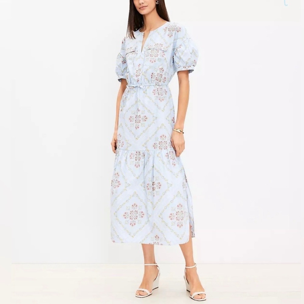 New Loft Blue Tuilerie Balloon Sleeve Pocket Midi Dress Size Small